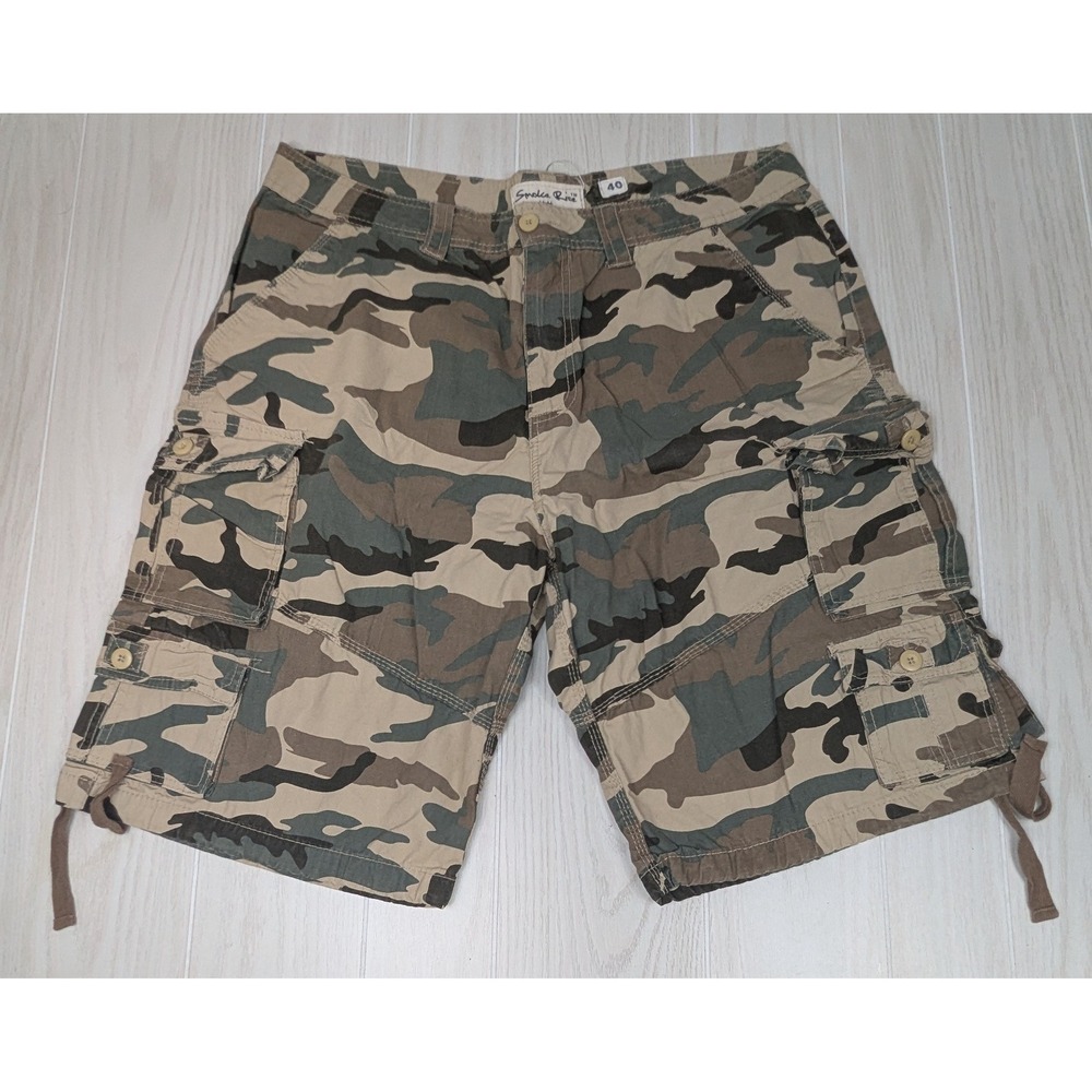 Smoke Rise Cargo Shorts 40 Green Brown Camo Cotton Drawstring Hem